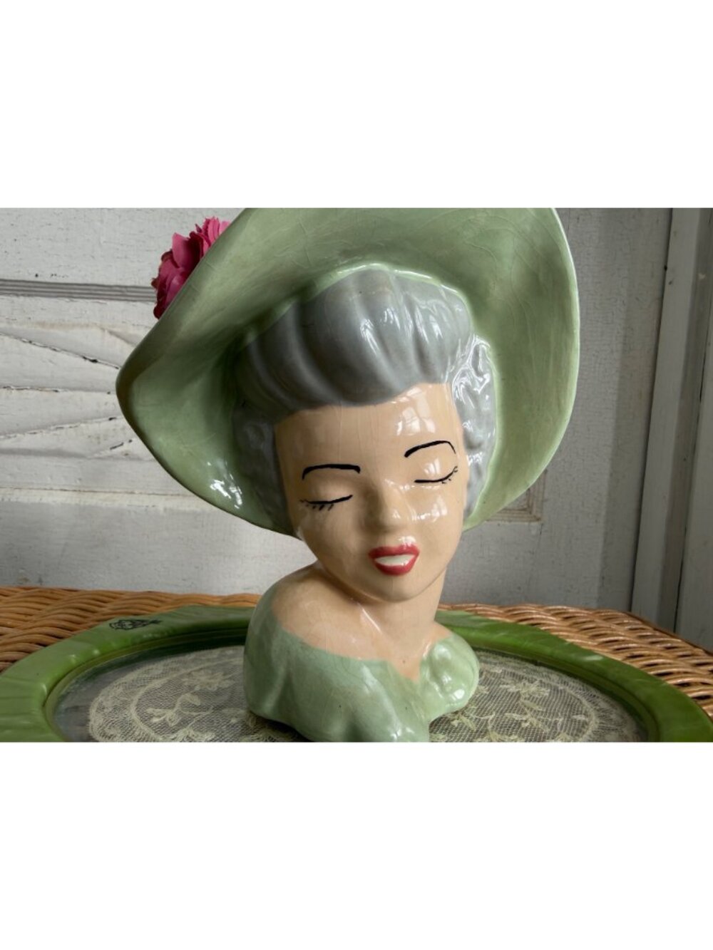 Vintage 1950s Glamour Girl Vase Head Planter Green Hat Retro MOD - Picture 5 of 13